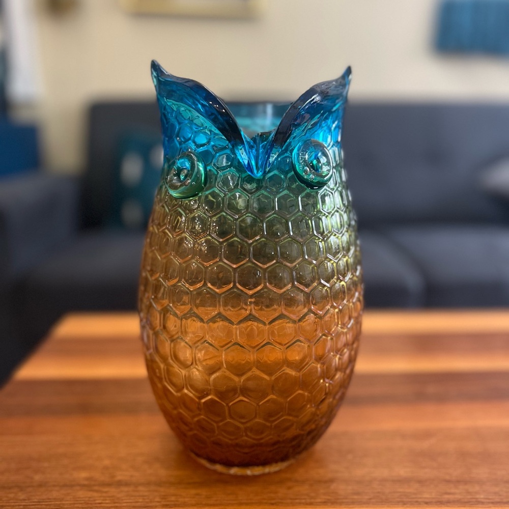 Blenko blown glass vintage retro mcm Blue and Brown Glass Owl Vase unique large